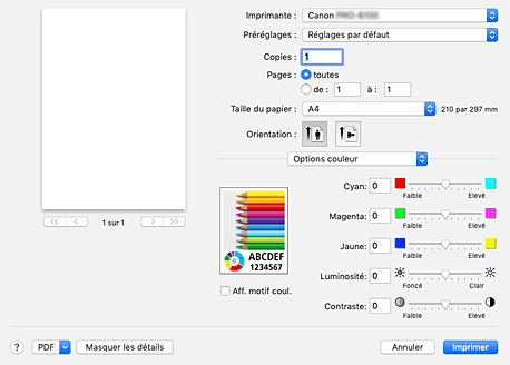 figure&nbsp;:&nbsp;Options couleur dans la boîte de dialogue Imprimer