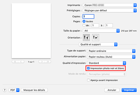 figure&nbsp;: option Impression photo noir et blanc sous Qualité et support dans la boîte de dialogue Imprimer