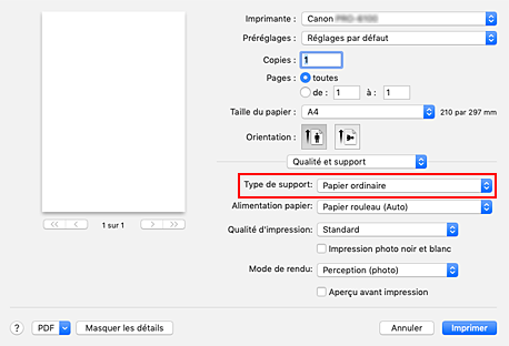 figure&nbsp;:&nbsp;Type de support dans Qualité et support de la boîte de dialogue Imprimer