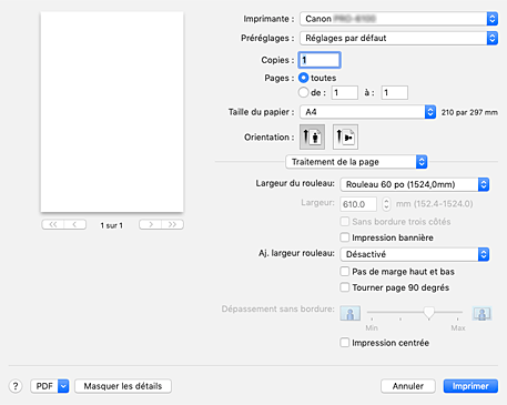 figure : Traitement de la page dans la boîte de dialogue Imprimer