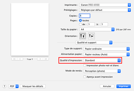 figure&nbsp;:&nbsp;Qualité d'impression dans Qualité et support de la boîte de dialogue Imprimer