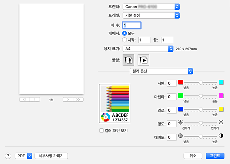 그림: 프린트 대화 상자의 [컬러 옵션]