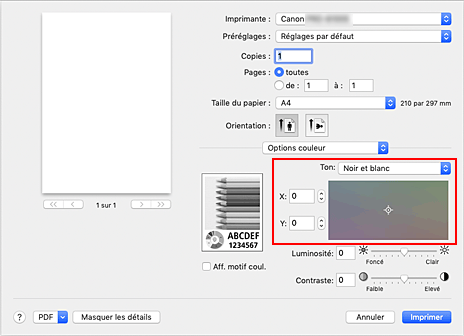 figure&nbsp;: Tonalité des options de couleur dans la boîte de dialogue Imprimer