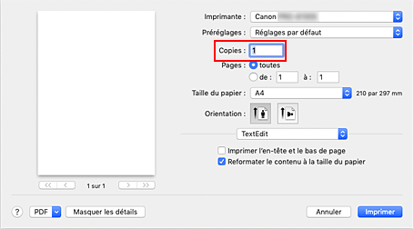 figure : Copies dans la boîte de dialogue Imprimer