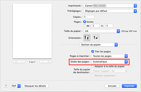 figure : Sélectionnez Automatique dans Ordre des pages pour Gestion du papier dans la boîte de dialogue Imprimer.