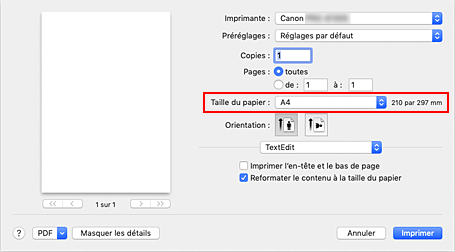 figure : Taille du papier dans la boîte de dialogue Imprimer