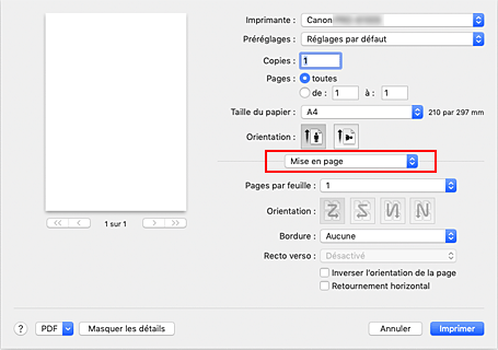 figure : Mise en page dans la boîte de dialogue Imprimer