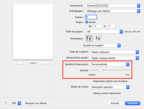 figure : Sélectionnez Personnalisée pour Qualité et support dans la boîte de dialogue Imprimer.