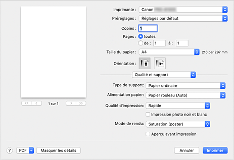 figure : Qualité et support dans la boîte de dialogue Imprimer