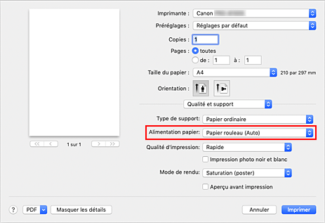 figure : Alimentation papier dans Qualité et support de la boîte de dialogue Imprimer