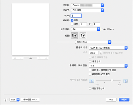 그림: 프린트 대화 상자의 [페이지 처리]
