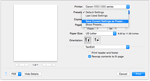 الشكل: تحديد حفظ الإعدادات الحالية كإعدادات مسبقة... من الإعدادات السابقة في مربع حوار الطباعة