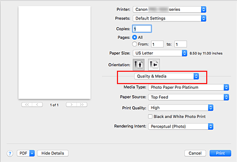 الشكل: الجودة والوسائط في مربع الحوار طباعة