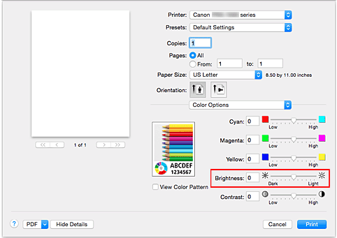 figure:Brightness of Color Options in the Print dialog