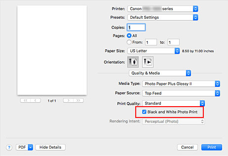 kuva: Tulostus-valintaikkunan Laatu ja tulostusmateriaali -kohdan Mustavalkoinen valokuvatulostus