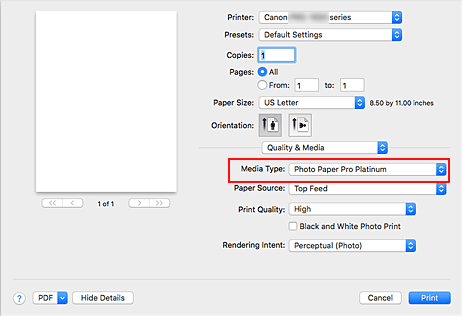 kuva:Laatu ja tulostusmateriaali -kohdan Tulostusmateriaali Tulostus-valintaikkunassa