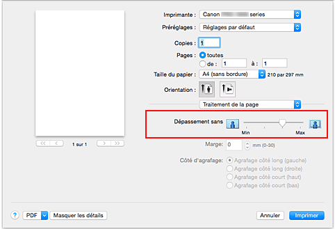 figure&nbsp;:&nbsp;Grandeur de dépassement de l'option Impression sans bordure de la boîte de dialogue Imprimer