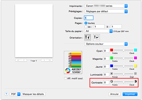 figure&nbsp;: Contraste des options de couleur dans la boîte de dialogue Imprimer