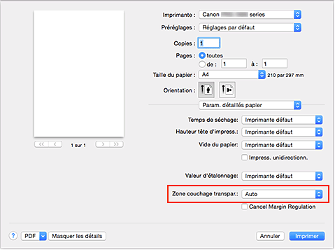 figure&nbsp;: Zone couchage transparent de Couchage transparent dans la boîte de dialogue Imprimer
