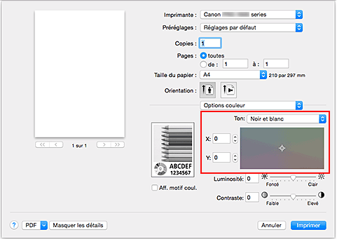 figure&nbsp;: Tonalité des options de couleur dans la boîte de dialogue Imprimer