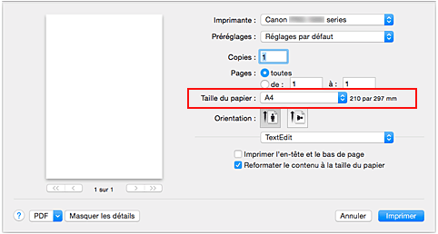 figure&nbsp;:&nbsp;Taille du papier dans la boîte de dialogue Imprimer