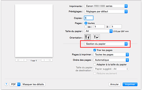 figure&nbsp;:&nbsp;Gestion du papier dans la boîte de dialogue Imprimer
