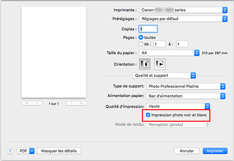 figure&nbsp;: option Impression photo noir et blanc sous Qualité et support dans la boîte de dialogue Imprimer