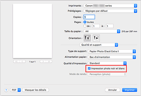 figure&nbsp;: option Impression photo noir et blanc sous Qualité et support dans la boîte de dialogue Imprimer