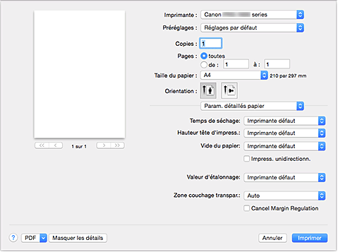 figure : Param. détaillés papier dans la boîte de dialogue Imprimer
