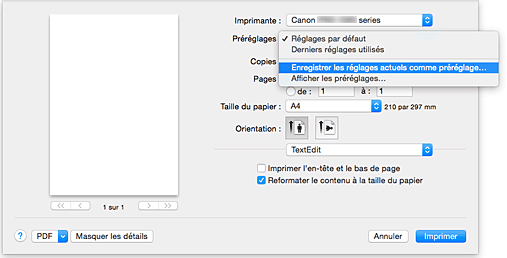 figure&nbsp;: Sélectionnez Enregistrer les paramètres actuels comme préréglages... dans les Préréglages de la boîte de dialogue Imprimer