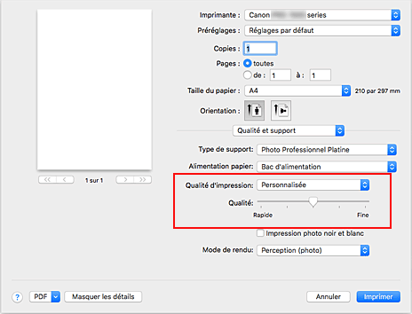 figure&nbsp;:&nbsp;Sélectionnez Personnalisée pour Qualité et support dans la boîte de dialogue Imprimer.