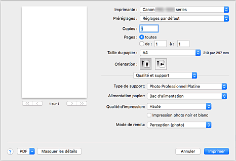 figure&nbsp;:&nbsp;Qualité et support dans la boîte de dialogue Imprimer