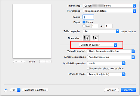figure&nbsp;:&nbsp;Qualité et support dans la boîte de dialogue Imprimer