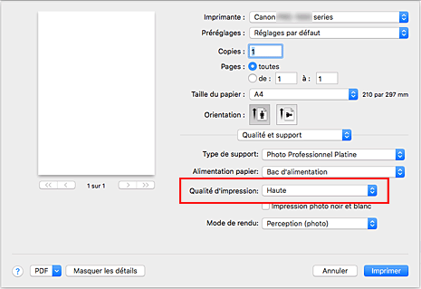 figure&nbsp;:&nbsp;Qualité d'impression dans Qualité et support de la boîte de dialogue Imprimer