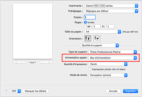 figure&nbsp;:&nbsp;Alimentation papier dans Qualité et support de la boîte de dialogue Imprimer