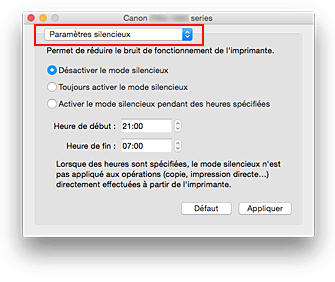 figure : Paramètres silencieux de Canon IJ Printer Utility2