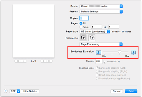 figura: Tamanho da Extensão de Impressão Sem-bordas na caixa de diálogo Imprimir
