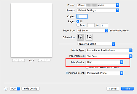 figura: Qualidade de Impressão de Qualidade e Mídia na caixa de diálogo Imprimir