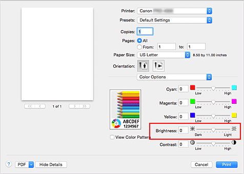 figure:Brightness of Color Options in the Print dialog