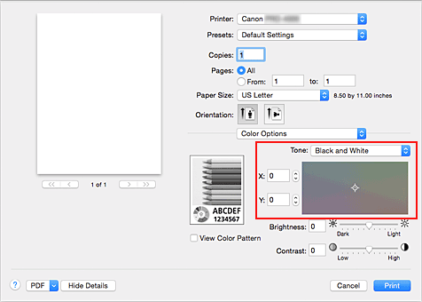 figure:Tone of Color Options in the Print dialog