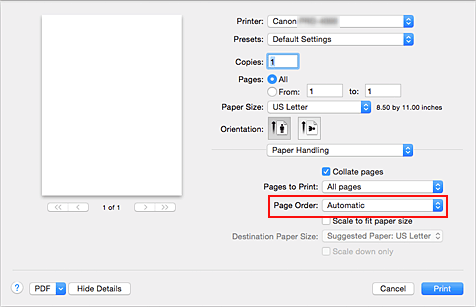 figure:Select Automatic from Page order of Paper Handling in the Print dialog