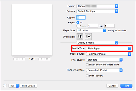 figure:Media Type of Quality & Media in the Print dialog