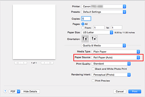 figure:Paper Source of Quality & Media in the Print dialog