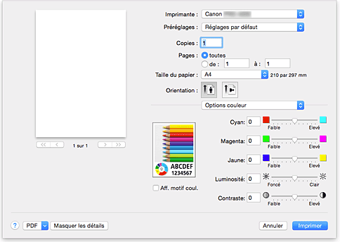 figure&nbsp;:&nbsp;Options couleur dans la boîte de dialogue Imprimer