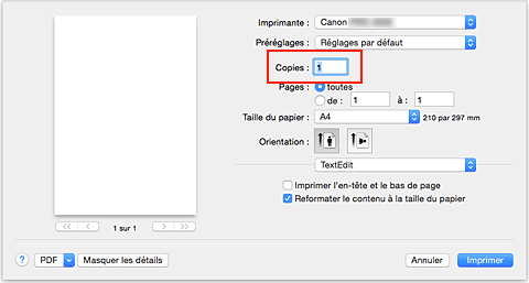 figure&nbsp;: Copies dans la boîte de dialogue Imprimer