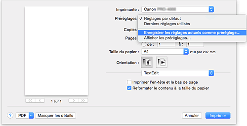 figure&nbsp;: Sélectionnez Enregistrer les paramètres actuels comme préréglages... dans les Préréglages de la boîte de dialogue Imprimer