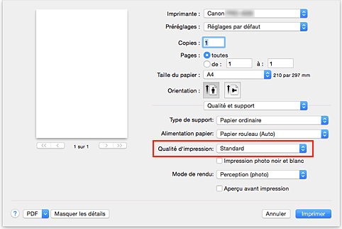 figure&nbsp;:&nbsp;Qualité d'impression dans Qualité et support de la boîte de dialogue Imprimer