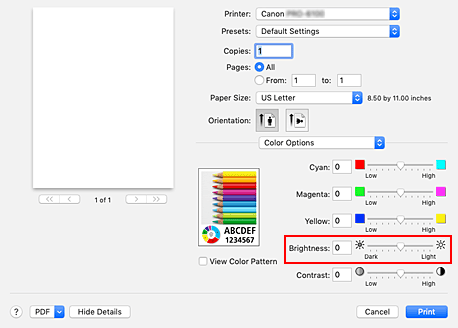 figure:Brightness of Color Options in the Print dialog