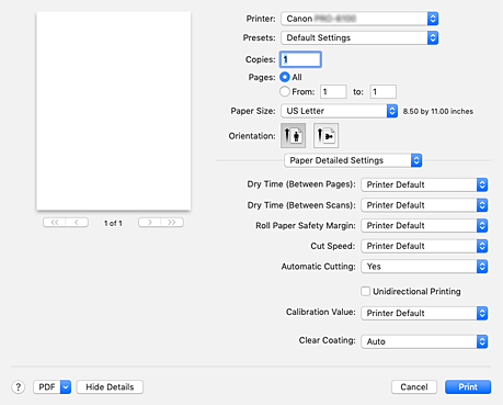 figure:Paper Detailed Settings in the Print dialog
