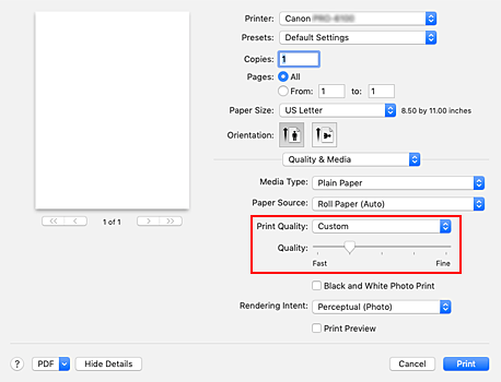 figure:Select Custom from Print Quality of Quality & Media in the Print dialog